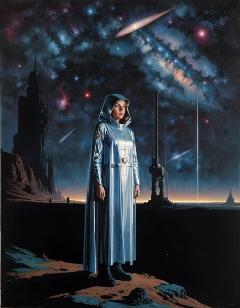 retro illustration, art, painting, sci-fi, science fiction, retrofuturism, 1970 style, Woman in survival gear, (long plastic tunic:1.1), large reflective cape with hood, art by Bruce Pennington, exploring, (starry sky:1.1)