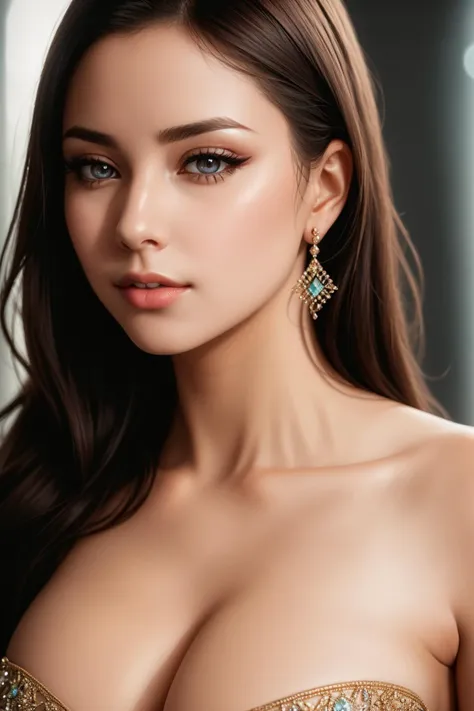 cleavage, woman, (sharp focus:1.2), portrait, ((posing)), (beautiful face:1.1), detailed eyes, luscious lips, ((skindentation)), (bright studio lighting:1.2), depth of field, bokeh, 4K, HD
