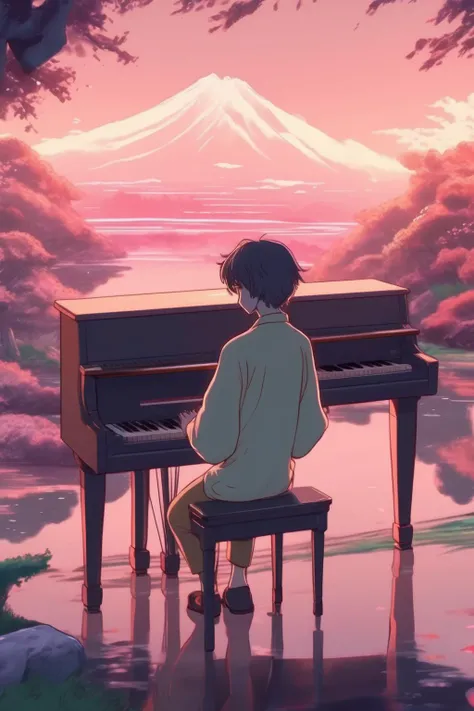 <lora:Makoto Shinkai Style:1>Makoto Shinkai Style - an anime lofi cover of a person playing piano in a beautiful japanese landscape