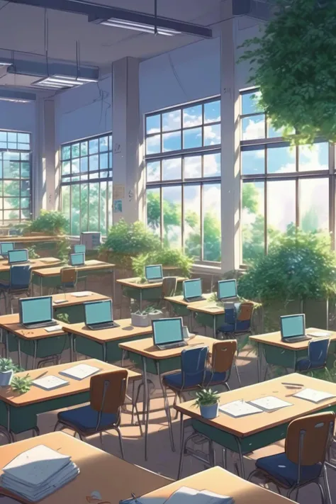 <lora:Makoto Shinkai Style:1>Makoto Shinkai Style - a college software development club with 5 computers, desks, chairs, writing pads, window, plants, a whiteboard without people, in the style