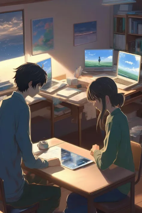 <lora:Makoto Shinkai Style:1>Makoto Shinkai Style - A couple is facing each other, using Apple laptops and studying together in a twin study room, reminiscent of the style of Makoto Shinkai.