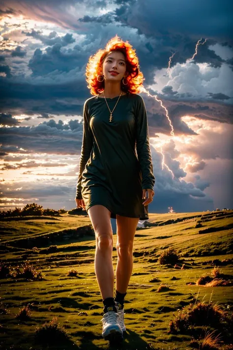 masterpiece, best quality,
(cloudy,storm,complex:1.4), 1girl,standing on the grassland, short dress,sneakers, earrings, necklace,flame_hair,burning hair,long hair, <lora:flame_hair:1:1,0,0,0,0,0,0,0,1,1,1,1,1,1,1,1,1>