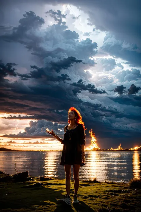 masterpiece, best quality,
(cloudy,storm,complex:1.4), 1girl,standing on the grassland, short dress,sneakers, earrings, necklace,flame_hair,burning hair,long hair, <lora:flame_hair:1:1,0,0,0,0,0,0,0,1,1,1,1,1,1,1,1,1>