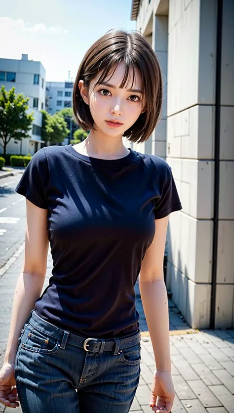 (8k, RAW photo, best quality, masterpiece:1.2), (realistic, photo-realistic:1.37), ultra highres, depth of field, chromatic aberration, caustics, Broad lighting, natural shading,Fujifilm XT3,masterpiece,ultra detailed,tou,1girl, solo,standing, looking at viewer, outdoors,street,<lora:Hoshizaki Ao_05-000008:0.7>