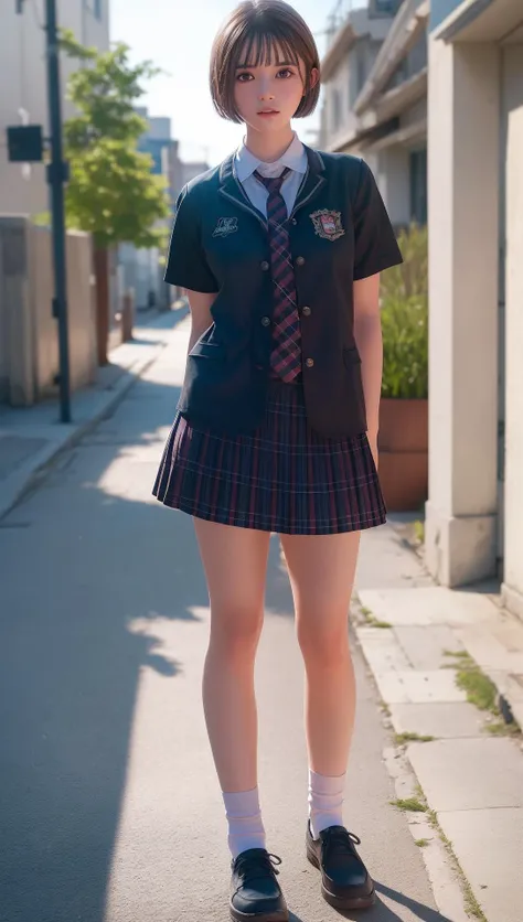 (8k, RAW photo, best quality, masterpiece:1.2), (realistic, photo-realistic:1.37), ultra highres, depth of field, chromatic aberration, caustics, Broad lighting, natural shading,Fujifilm XT3,masterpiece,ultra detailed,head,uniform,1girl, solo,standing, looking at viewer, outdoors,street,full body, <lora:Hoshizaki Ao_07:0.7>