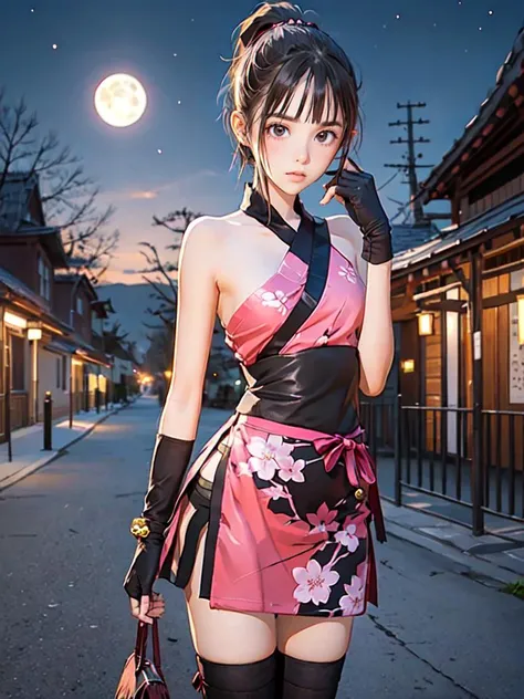 (masterpiece,ultra-detailed,best quality,8K,CG,illustration,shaved:1),(ite girl:1.2),temple,cherry blossom,night,moon,
<lora:kunoichi v1.0:0.6>,jyojifuku,kimono,kuniichi,gloves,thighhighs,ponytail,<lora:Hoshizaki_Ao_v10:0.7>,tou,
