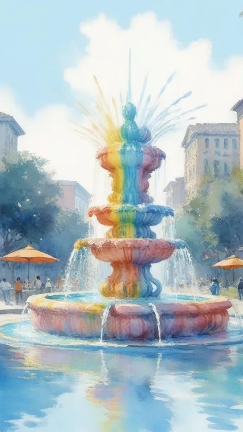 babyblue, modern art, vibrant, fountain, crown, rainbow, <lora:add-detail-xl:0.25>, watercolor, 8k <lora:EldritchImpressionismXL1.5:1>, (balanced center composition, :0.5), Designed by Jialiang