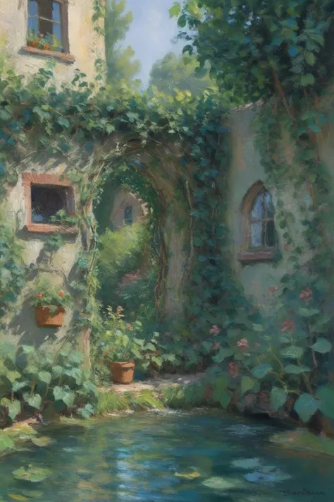 A secret garden behind a vine-covered wall,opening to reveal plants that sing and whisper in the wind,with a babbling brook that tells tales of old adventures to those who listen closely,<lora:EldritchImpressionismXL1.5:1>, impressionist painting,