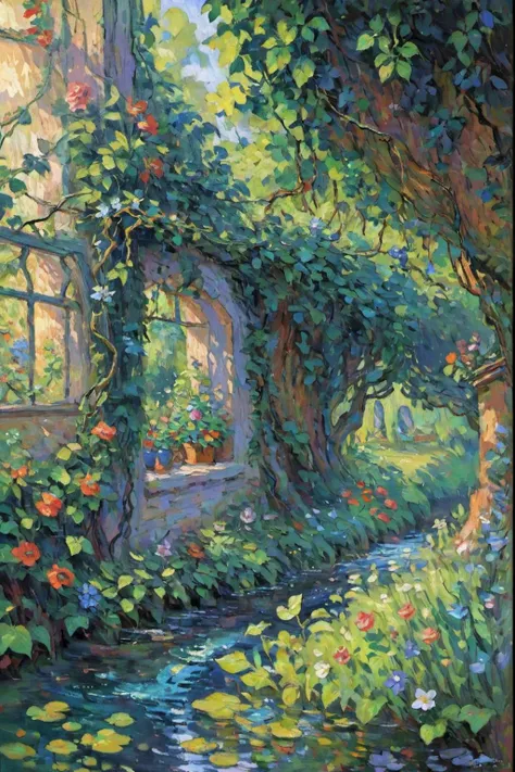 A secret garden behind a vine-covered wall,opening to reveal plants that sing and whisper in the wind,with a babbling brook that tells tales of old adventures to those who listen closely,<lora:EldritchImpressionismXL1.5:1>, impressionist painting,