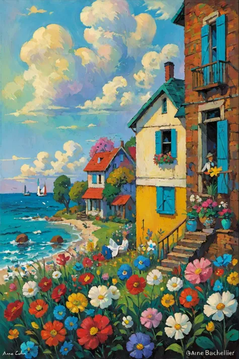 REALISTIC ART STYLE,
by Anne Bachelier,Amanda Clark,Barry Windsor-Smith,Carl Spitzweg,
Abstractions,color blocks,bold strokes,
<lora:EldritchImpressionismXL1.5:0.9>,impressionist painting,
I have a house facing the sea,with blooming flowers in spring,