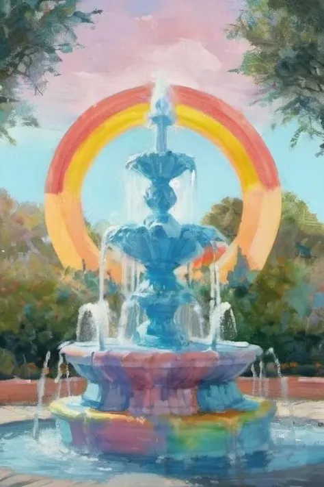 Designed by BAGE, babyblue, modern art, vibrant, fountain, crown, rainbow, <lora:add-detail-xl:0.25>, watercolor, 8k <lora:EldritchImpressionismXL1.5:1>, (balanced center composition, :0.5)