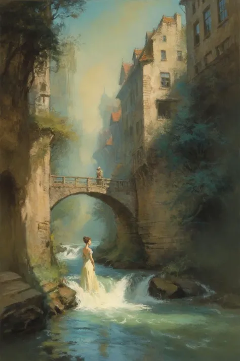 by Anne Bachelier,Amanda Clark,Barry Windsor-Smith,Carl Spitzweg,
Passers-by rush by,standing still at the bridgehead,Watching the flowing water indifferent to east or west,Worldly affairs are like dreams and illusions,May this heart only be as ceaseless as a river,
<lora:EldritchImpressionismXL1.5:0.9>,impressionist painting,