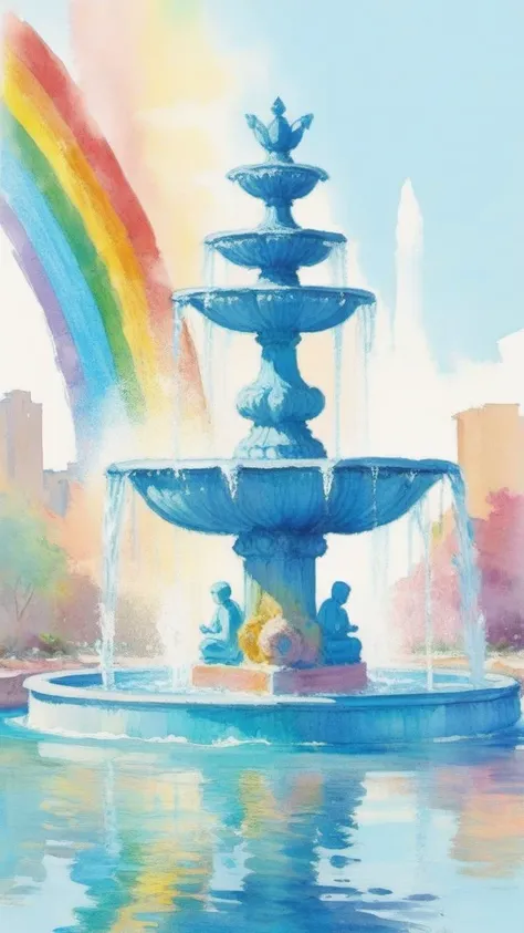 Designed by BAGE, babyblue, modern art, vibrant, fountain, crown, rainbow, <lora:add-detail-xl:0.25>, watercolor, 8k <lora:EldritchImpressionismXL1.5:1>, (balanced center composition, :0.5)