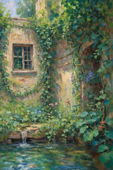 A secret garden behind a vine-covered wall,opening to reveal plants that sing and whisper in the wind,with a babbling brook that tells tales of old adventures to those who listen closely,<lora:EldritchImpressionismXL1.5:1>, impressionist painting,