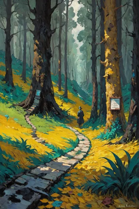 REALISTIC ART STYLE,
by Anne Bachelier,Amanda Clark,Barry Windsor-Smith,Carl Spitzweg,
Abstractions,color blocks,bold strokes,
<lora:EldritchImpressionismXL1.5:0.9>,impressionist painting,
Two roads diverged in a yellow wood,
And sorry I could not travel both,
And be one traveler,long I stood,
And looked down one as far as I could,
To where it bent in the undergrowth,
Then took the other,as just as fair,
And having perhaps the better claim,
Because it was grassy and wanted wear,
Though as for that the passing there,
Had worn them really about the same,
And both that morning equally lay,
In leaves no step had trodden black.,
Oh,I kept the first for another day!,
Yet knowing how way leads on to way,
I doubted if I should ever come back,
I shall be telling this with a sigh,
Somewhere ages and ages hence,
Two roads diverged in a wood,and I,
I took the one less traveled by,
And that has made all the difference.,
