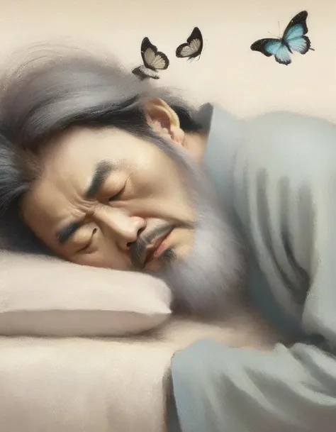 A thought-provoking artwork depicting Chuang Tzu, the ancient Chinese philosopher, lying in bed with his eyes closed, lost in deep slumber. Over him hovers a giant butterfly, symbolizing the famous paradox of whether he is a man who dreams he is a butterfly, or a butterfly who dreams he is a man. The background features a serene, minimalistic Chinese landscape with soft, muted colors, reflecting the tranquil essence of Chuang Tzu's philosophy. <lora:EldritchImpressionismXL1.0final:1> impressionist painting