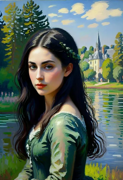 Positiv Clip L
ABSTRACT AND ATMOSPHERIC IMPRESSIONIST PAINTING, closeup of a, (in the style of Claude Monet), woman
Positive Clip G
ABSTRACT AND ATMOSPHERIC IMPRESSIONIST PAINTING, closeup of a, (in the style of Claude Monet), enchantingly beautiful woman with long black hair and green-grey eyes, Create a stunning piece of Gothic Revival art depicting a manor by the water's edge, with dramatic cliffs, crashing waves, and a sense of gothic romanticism and isolation, evoking a sense of gothic coastal beauty and solitude., in the background
---------