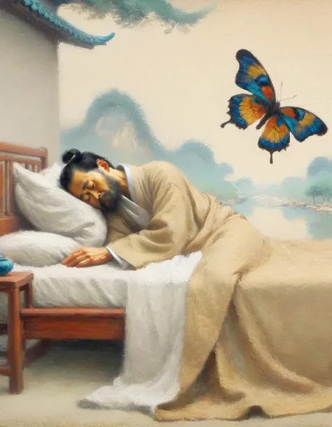 <lora:EldritchImpressionismXL1.0final:1> impressionist painting. A thought-provoking artwork depicting Chuang Tzu, the ancient Chinese philosopher, lying in bed with his eyes closed, lost in deep slumber. Over him hovers a giant butterfly, symbolizing the famous paradox of whether he is a man who dreams he is a butterfly, or a butterfly who dreams he is a man. The background features a serene, minimalistic Chinese landscape with soft, muted colors, reflecting the tranquil essence of Chuang Tzu's philosophy.