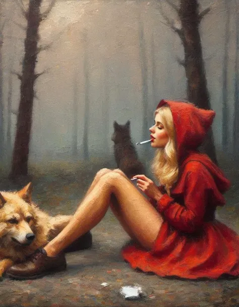 Photo of Little Red Riding Hood, blonde woman, sitting on the ground, sharing a joint with the Big Bad Wolf <lora:EldritchImpressionismXL1.0final:1> impressionist painting, abstract and atmospheric impressionist painting