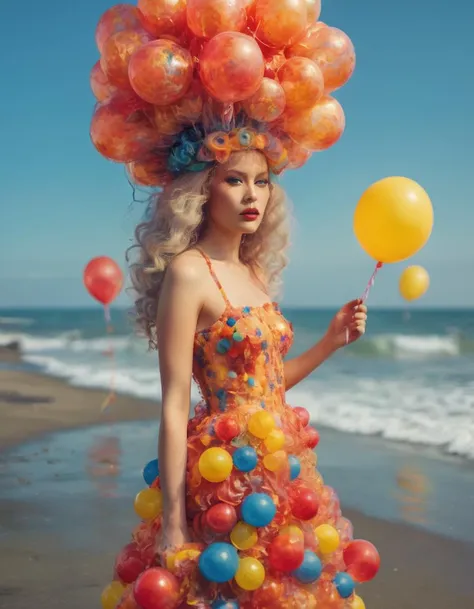 A whimsical photo of a daring model wearing an outrageous jellyfish-inspired outfit. The outfit, made of colorful bubble wrap and balloons, has a vibrant mix of reds, blues, and yellows. The model's headpiece resembles a jellyfish cap with a large balloon tail flowing behind her. The background reveals a bright, sunny day at the beach, with waves gently crashing and seagulls soaring overhead. The overall ambiance is playful and cheerful, with a touch of quirky creativity <lora:EldritchImpressionismXL1.0final:1> impressionist painting, abstract and atmospheric impressionist painting, pointillist