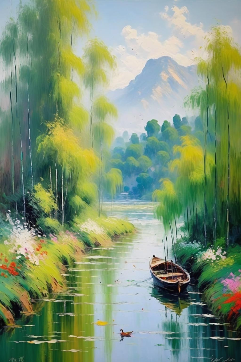 Painting of a boat on a river with trees and flowers - SeaArt AI