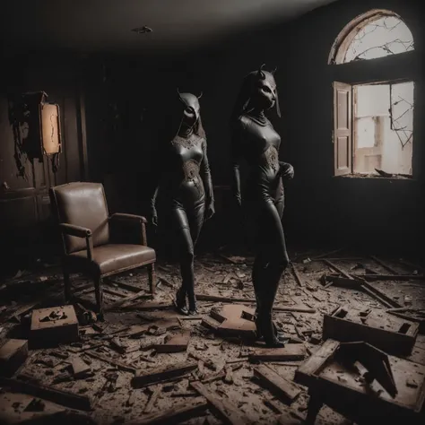 <lora:D3m0n3ss-step00000700:1>, anorexic ((d3m0n3ss)), ((pale white skin, ritual scarring)), men and women, ((8k uhd, dslr, fujifilm xt3, tack-sharp, highly detailed, dramatic, dramatic lighting, masterpiece)), wearing ((cocktail dreadd)), filigreed clothing, filigreed mask, detailed filigree, detailed clothing (kissing passionately), inside abandoned ransacked haunted house, ((broken furniture)), peeling , sexy, candid shot, dramatic, masterpiece, mood lighting, black mask