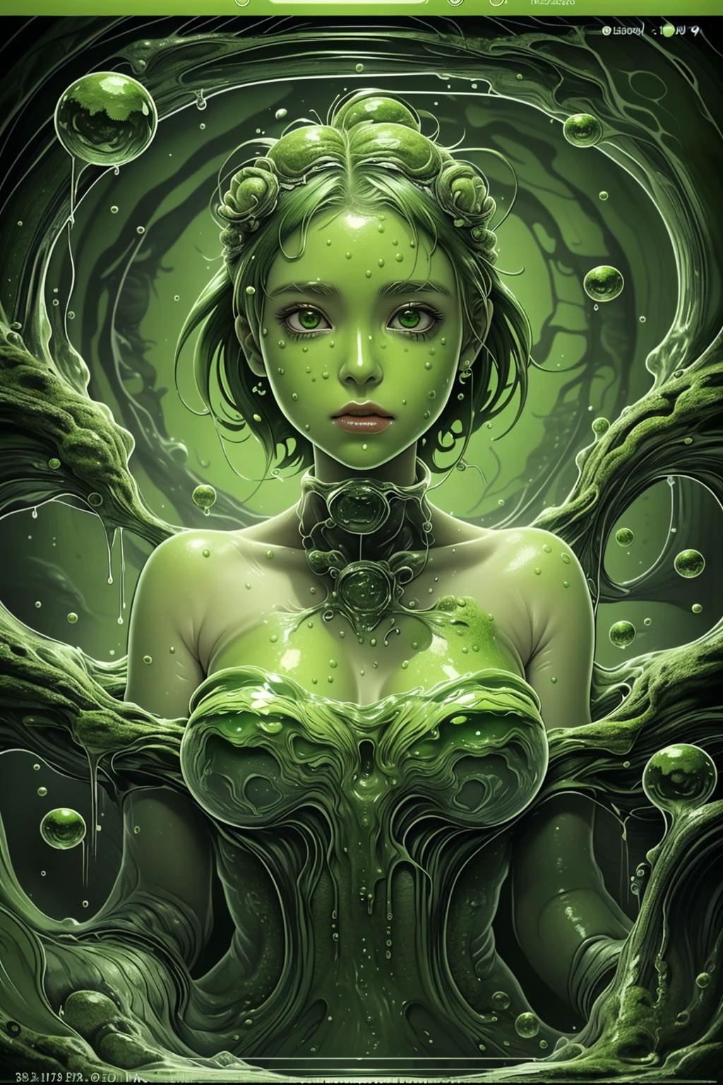 1girl, <lora:algae:0.8> green theme, green algae bubbles, green lava