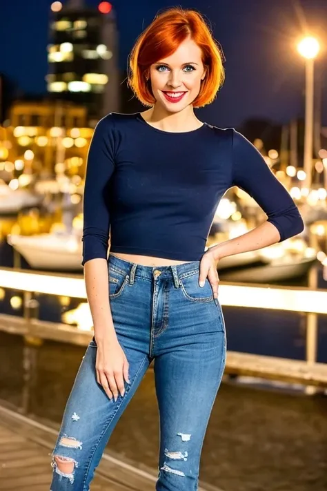 photorealistic photo shoot, cute girl, 25 years old, redhead, bobcut, brightblue natural eyes, gorgeous fit body, sassy smile, harbour quarter at night, eerie light, destroyed bright blue jeans hot pants, ass to cam