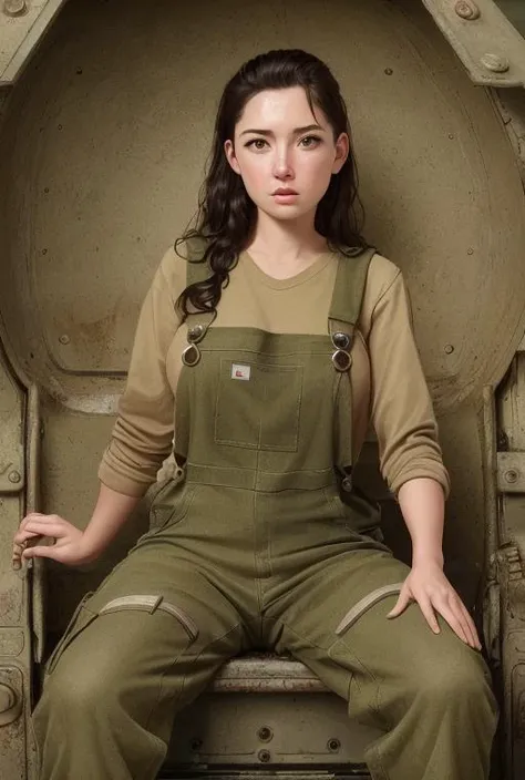 hyper real photo of ((woman wearing military overalls)), (sitting on a post-apocalyptic cockpit), (from_front:1.4), ((detailed face)), nipples covered by military overalls, oily, sweaty, dirty, grunge, rust, oxidization, cinematic lighting, 8k resolution