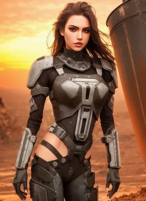 (modelshoot style), ((detailed face)), sexy woman (inside cramped rusty hydraulic mechanical exoskeleton), arm blade, sunset, grunge, oily, sweaty, dirty, ripped, post-apocalyptic