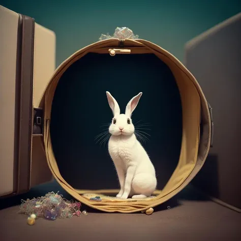 in the year of the rabbit the quantum entanglement bunny meets Schrodinger's cat, environmental portrait, reality fabric chewed at the seams, metaphysical boxes, metempsychosis composition, film grain, intelligent composition, ultra detailed, analog style, 8k resolution, photgraphed by Hamlet and Yorrick