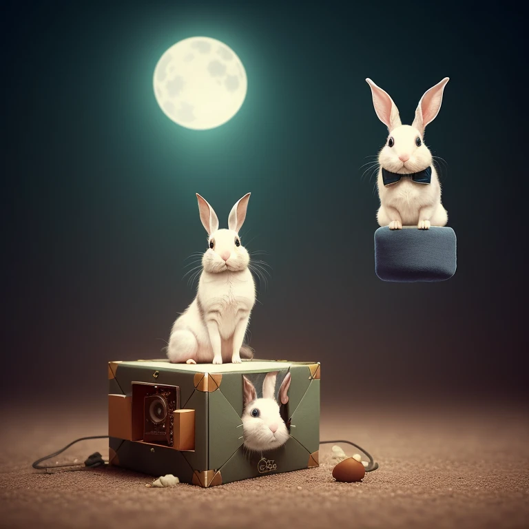 in the year of the rabbit the quantum entanglement bunny meets Schrodinger's cat, but where is the mousedeer, environmental portrait, reality fabric chewed at the seams, metaphysical boxes, metempsychosis composition, film grain, intelligent composition, ultra detailed, analog style, 8k resolution, photgraphed by Hamlet and Yorrick