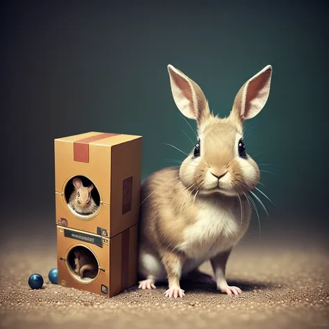 if the (quantum entanglement rabbit) meets (Schrodinger's cat) then where is the (mousedeer)?, environmental portrait, reality fabric chewed at the seams, a Cheshire grin, metaphysical boxes, film grain, intelligent composition, ultra detailed, analog style, 8k resolution, photographed by Hamlet and Yorrick