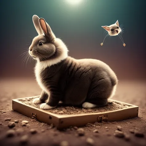 in the year of the rabbit the quantum entanglement bunny meets Schrodinger's cat, environmental portrait, reality fabric chewed at the seams, metaphysical boxes, metempsychosis composition, film grain, intelligent composition, ultra detailed, analog style, 8k resolution, photgraphed by Hamlet and Yorrick