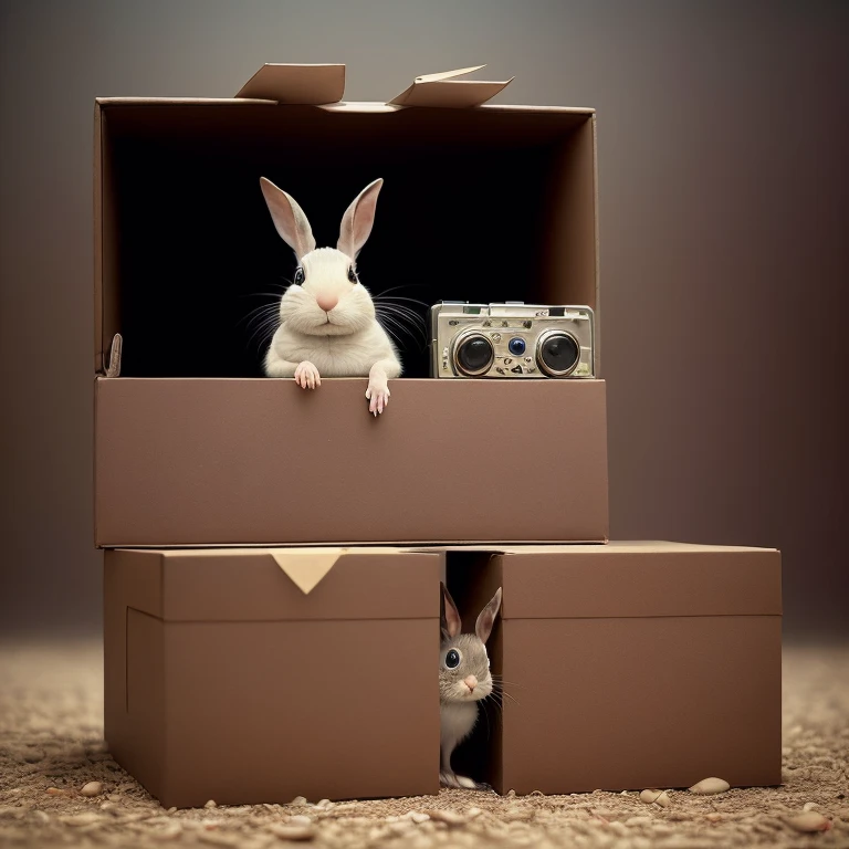 if the (quantum entanglement rabbit) meets (Schrodinger's cat) then where is the (mousedeer)?, environmental portrait, reality fabric chewed at the seams, a Cheshire grin, metaphysical boxes, film grain, intelligent composition, ultra detailed, analog style, 8k resolution, photographed by Hamlet and Yorrick