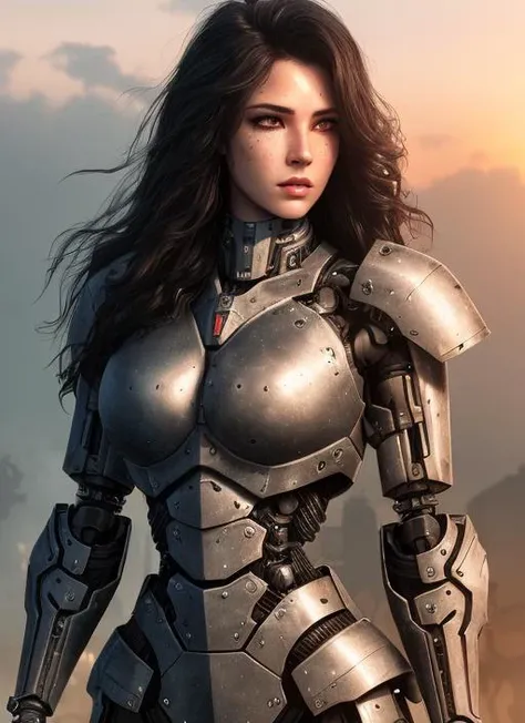 realistic photo of ((woman in a hulking hydraulic biomechanical exoskeleton armored robot)), (detailed face), sunset, sweaty, grime, post-apocalyptic, long hair, cyberpunk, (modelshoot style), nsfw