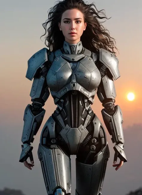 realistic photo of ((woman in a hulking hydraulic biomechanical exoskeleton armored robot)), (detailed face), sunset, sweaty, grime, post-apocalyptic, long hair, cyberpunk, (modelshoot style), nsfw