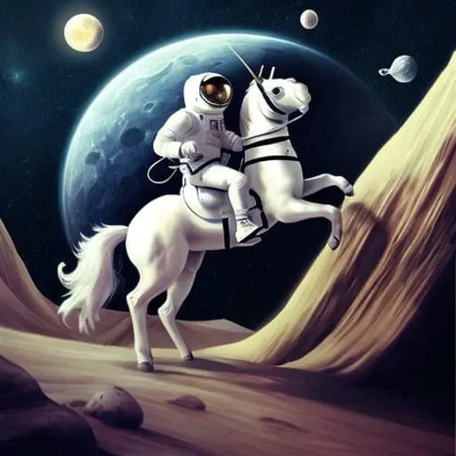 astronaut riding a unicorn on the moon