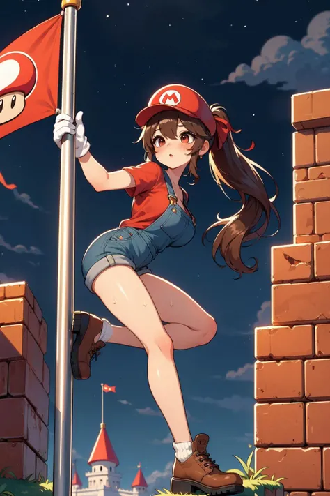 (((masterpiece))), (((best quality))), ((steel pole dancing)), ((leaning forward)), ((mushroom logo flag)), ((at height)), mario costume, brown hair, red cap, red shirt worn under denim overalls, white gloves, brown shoes, castle, greenery, fireworks, cloudy sky, green pipes, brown stairs blocks, yellow star \(symbol\), (((night))), solo, 1girl, ponytail, absurdly long hair, ribbon, cleavage, big breasts, parted lips, sweat, shy, blush, slim figure, <lora:girllikeflagpoleclimbingmario:0.8>