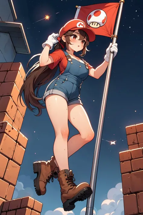 (((masterpiece))), (((best quality))), (((from below))), ((steel pole dancing)), ((leaning forward)), ((mushroom logo flag)), ((at height)), mario costume, brown hair, red cap, red shirt worn under denim overalls, white gloves, brown shoes, castle, greenery, fireworks, cloudy sky, green pipes, brown stairs blocks, yellow star \(symbol\), (((night))), solo, 1girl, ponytail, absurdly long hair, ribbon, cleavage, big breasts, parted lips, sweat, shy, blush, slim figure, <lora:girllikeflagpoleclimbingmario:0.8>