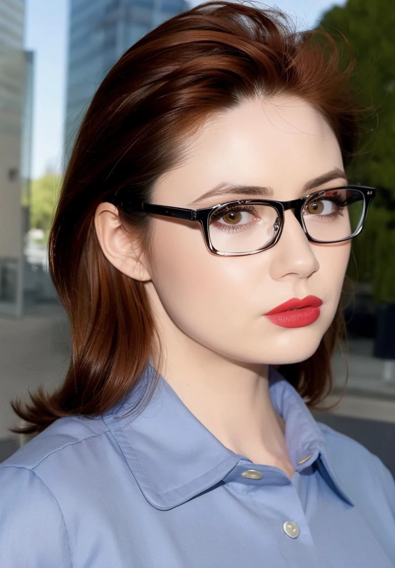 (wide angle),half-length portrait,lipstick,eyelashes,(parted lips),outdoors,
semi-rimless eyewear, ((office,uniform)) ,
looking away ,
best quality, ultra high res, (photorealistic:1.4), (detailed face and eyes),
