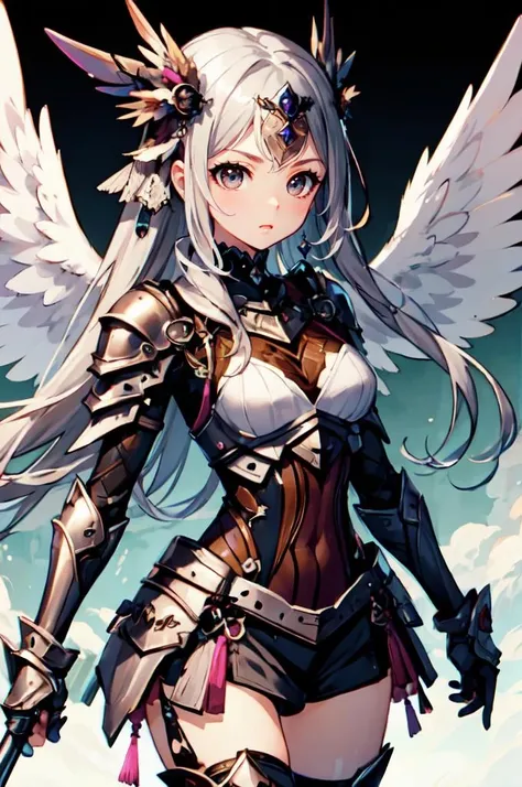 <lora:ponsuke-10:0.9>, ultra detailed, masterpiece, best quality, solo, serious, 1girl, (white eyes:1.1), (grey eyes:1.3), white hair, very long hair, parted hair, parted bangs, <lora:parted_hair_v1.3:1.3>, medium breasts, valkyrie, (bodysuit:1.1), pink wing hair ornament, grey armored skirt, black bodysuit, armor, gauntlets, pink breastplate, greaves, armored dress, pink hues,