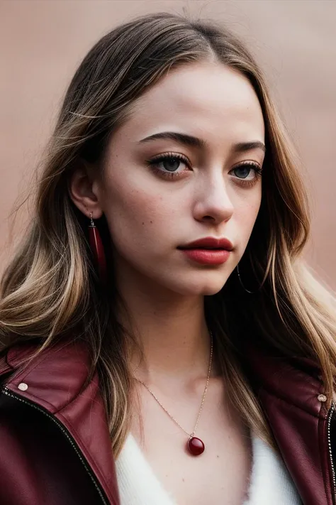 photo of (sophd1am0nd-135:0.99), a beautiful woman, perfect blonde hair, (modern photo, Dark Red Faux shearling aviator jacket with a faux fur collar and a vintage-inspired design), 24mm, (analog, cinematic, film grain:1.3), ((plain Crimson background, pastel tones:1.2)), detailed eyes, (seductive pose), earrings, (epicPhoto), (looking at viewer), (cinematic shot:1.3), PA7_Portrait-MCU