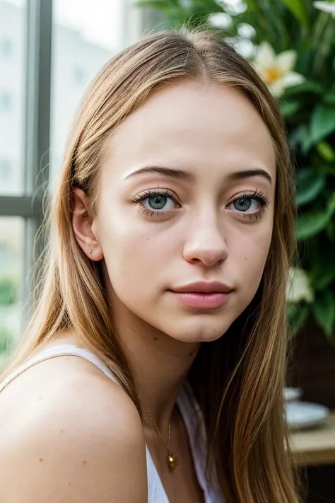 photo of (sophd1am0nd), a woman, award-winning photo, sfw, wearing Henley, Cargo Pants, (Standing, pretending to smell a big flower, A luxurious penthouse with floor-to-ceiling windows), (sharpness:1.35), PA7_Portrait-CU, 70mm, f/8, (modern photo),, appealing, attractive, amative, perfect realistic skintexture,, Style-DoF, (epiCPhoto:1.1), (color picture:1.1), <lora:add_detail:0.6>, (Cinematic shot:1.4)