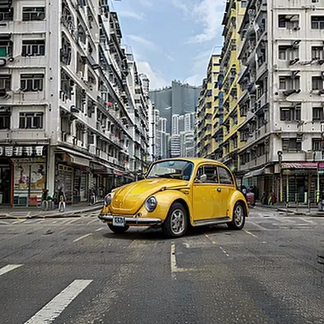 single yellow Beetle on the road <lora:Beetle:0.6>, Hong Kong Old District background,<lora:Hong Kong Old District:0.4>