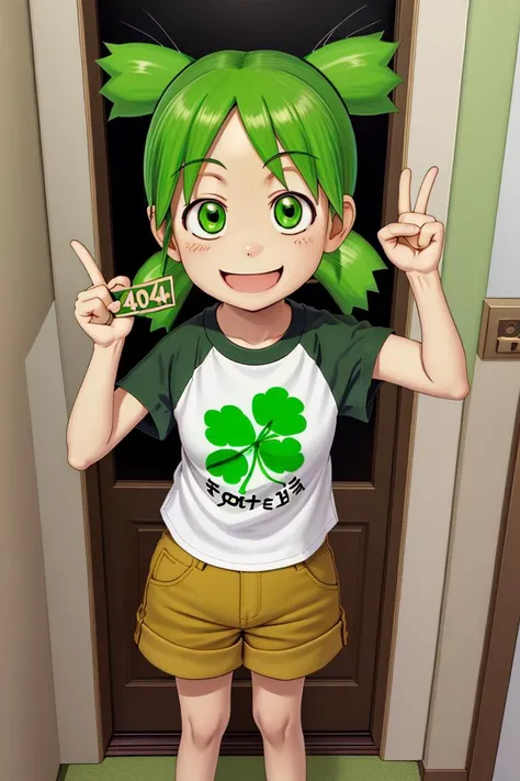 yotsuba holding a sign with prominently displayed text that says "404", smiling, 1girl, green hair, quad tails, green eyes, raglan sleeves, shorts, Four leaf clovers, <lora:YotsubaKoiwai:0.8>,