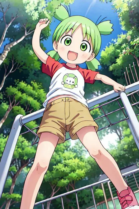 masterpiece, best quality,ultra detail,manga,comics,,from below,yotsuba,green hair, quad tails, green eyes, masterpiece, expensive quality, very_expensive_solve, big_file size, full color,(completely nude:1.2),pussy,niplles,