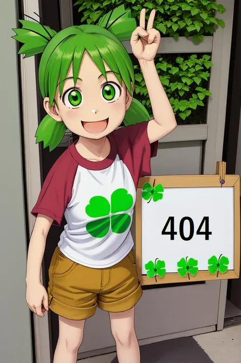 yotsuba holding a sign with prominently displayed text that says "404", smiling, 1girl, green hair, quad tails, green eyes, raglan sleeves, shorts, Four leaf clovers, <lora:YotsubaKoiwai:0.7>,