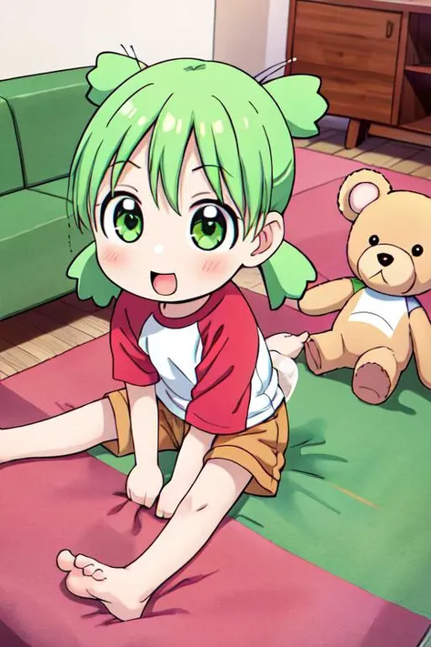 masterpiece, best quality,ultra detail,<lora:GoodHands-vanilla:0.8> <lora:anmnr01:0.3> <lora:add_detail:0.5>, manga,comics,petite,,stylish angle,<lora:YotsubaKoiwai:0.8>,yotsuba,green hair, quad tails, green eyes, raglan sleeves plain shirt, shorts,fullbody shot,happy,play with teddybear,living room,bare foot,sofa