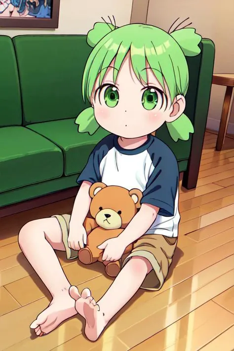 masterpiece, best quality,ultra detail,<lora:GoodHands-vanilla:0.8> <lora:anmnr01:0.3> <lora:add_detail:0.5>, manga,comics,petite,,stylish angle,<lora:YotsubaKoiwai:0.8>,yotsuba,green hair, quad tails, green eyes, raglan sleeves plain shirt, shorts,fullbody shot,happy,play with teddybear,living room,bare foot,sofa